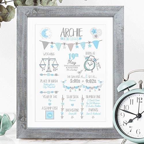 Image of The Whistling Wren - Personalised Baby Boy Birth Print Picture with Birth Details and Fun Facts. Personalised New Baby Boy Gift. Christening Gift (BLUE) - FRAMED or UNFRAMED options.