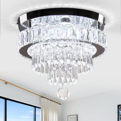 Image of Modern Crystal Chandelier Ceiling Light,4-Tier K9 Crystal & Stainless Steel Flush Mount LED Ceiling Light, Energy-Efficient Cool White Light for Bedroom Living Room Hallway Kitchen Lighting 11.8"
