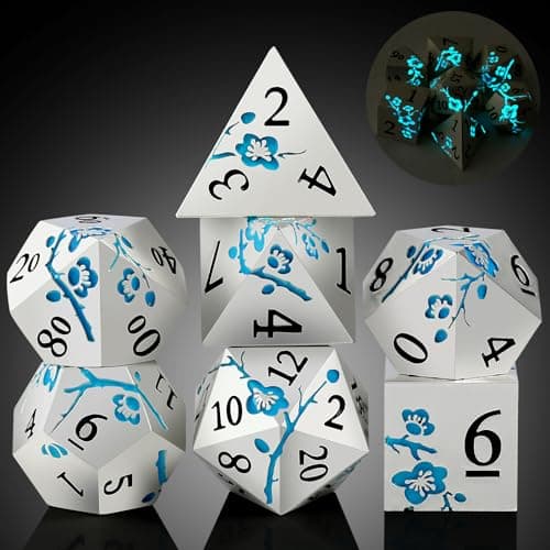 Image of Glow in the Dark Flower Metal Dice, DNDND 7 PCS Blue Metallic D&D Dice Set with Grogeous Gift Case for Dungeons and Dragon Tabletop Game (Glow in the Dark Blue)