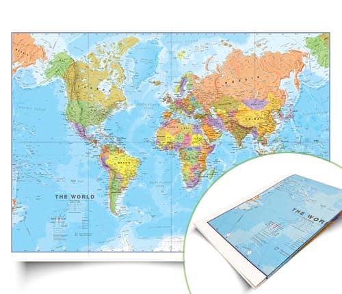 Image of Maps International - World Map Detailed - Updated 2026 - Silk Art Paper - Folded Format - 84.1cm (w) x 59.4cm (h)
