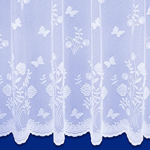 Image of Country Garden Butterfly Floral Trailing Leaf Pattern Net Curtains In White - Sold By The Metre (Drop: 122cm (48"))