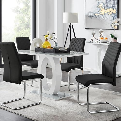 Image of Furniturebox UK - Giovani Modern Stylish Grey/White High Gloss Glass Dining Table and 4 Faux-Leather Modern Lorenzo Dining Chairs Set (Dining Table + 4 Black Lorenzo Chairs)