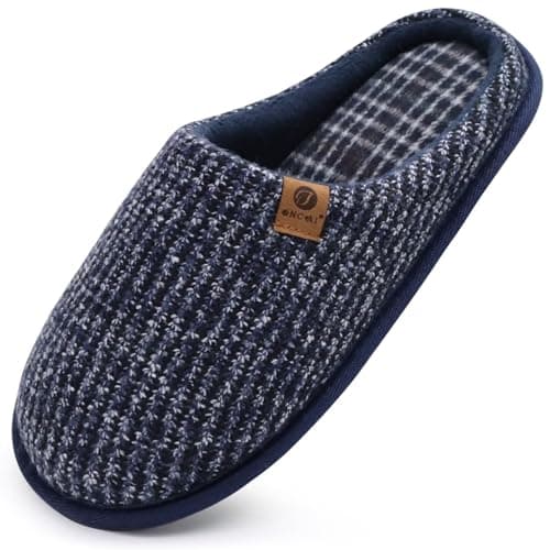 Image of ONCAI Mens Slippers Blue Knit Stripes Memory Foam Mule Slippers Slip On Warm House Indoor/Outdoor Shoes With Non-Slip Sole Size 9