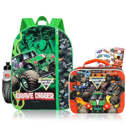 Image of Monster Jam Backpack with Lunch Box- Bundle with 16” Grave Digger Backpack, Lunch Bag, Water Bottle, Tattoos, More | Monster Jam School Bag for Boys, Kids