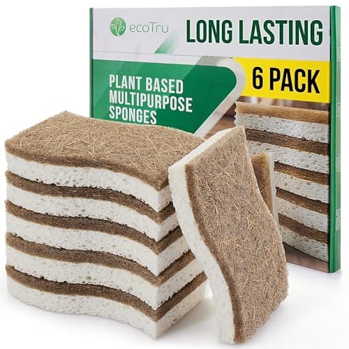 Image of ecoTru 6 Pack Natural Washing Up Sponge, UK Brand Eco Friendly Kitchen Dish Cleaning Sponges, Compostable Cellulose & Coconut Eco Sponges & Scourers, Biodegradable Non Scratch for Heavy Duty Scrubbing