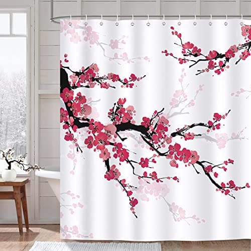 Image of Bonhause Cherry Blossom Shower Curtain Red Plum Floral Japanese Bathroom Curtain 180 x 180 cm Waterproof Mildew & Mould Resistant Polyester Fabric Flowers Bath Curtain with 12 Hooks