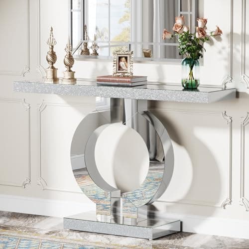 Image of Tribesigns Modern Mirrored Console Table, Glass Sofa Table with Mirror Finish, 43-Inch Entryway Table with O-Shaped Base, Rectangular Accent Foyer Table for Living Room Hallway Entrance (Sliver)