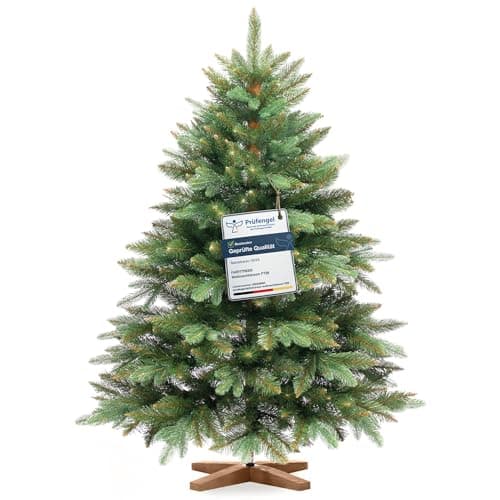 Image of FairyTrees Artificial Christmas Tree Nordmann Premium 120 cm - Realistic Injection Mold Needles - With Ash Wood Stand - Made in the EU