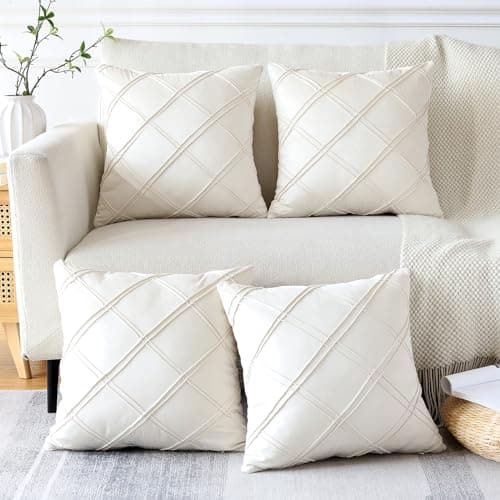 Image of Sungeek Set of 4 Soft Velvet Decorative Cushion Covers Diamond Pattern Pillow Covers with Invisible Zipper Square Throw Pillow Cases for Sofa Car Patio Bedroom Living Room (45x45 cm, Cream White)