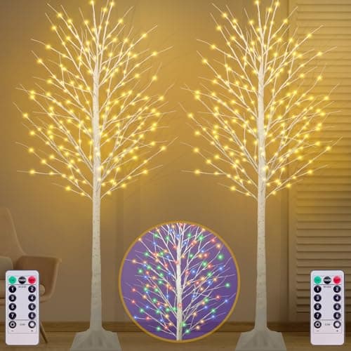Image of 8FT Lighted Birch Tree, Birch Tree with 210 LED Lights, Warm White and RGB Colors (8FT 2Pack)…