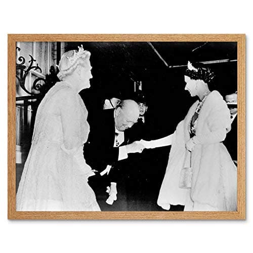 Image of Wee Blue Coo Vintage Photography Winston Churchill Queen Elizabeth Handshake Art Print Framed Poster Wall Decor 12X16 Inch