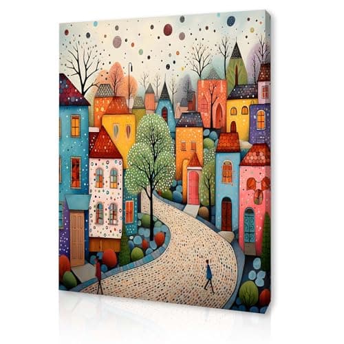 Image of Qiukoo Framed Canvas Wall Art – Colourful Town Artwork, Waterproof Modern Print with Hook, Whimsical Wall Decoration for Living Room, Bedroom Pictures for Wall or Prints for Walls – 12x16 Inch