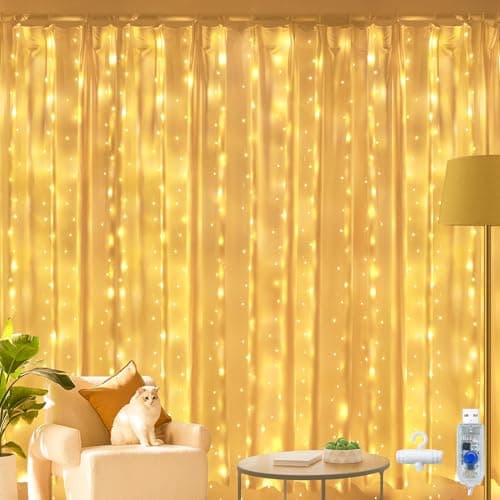 Image of Ollny Curtain Fairy Lights, 200 LED USB String Light with 8 Modes Indoor Outdoor Warm White Waterfall Hanging Window Lights with Hooks, Bedroom/Outside/Wall/Door/House/Garden Decorations