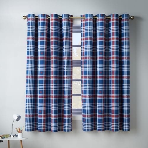 Image of Catherine Lansfield Kids Stars And Check Fully Reversible 66x72 Inch Eyelet Curtains Two Panels Blue