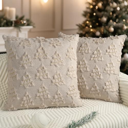 Image of Miaikoe Christmas Cushion Covers 40x40 cm Set of 2 Decorative Throw Pillow Case Soft Plush Faux Fur Xmas Tree Gold Lines for Holiday Winter Living Room Sofa Beige