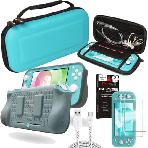 Image of TECHGEAR Switch Lite Accessory Bundle - Case & Screen Protector for Nintendo Switch Lite, Hard Protective Carry Travel Storage Case Cover, Ergo Grip Case, 2x Tempered Glass & 2m USB Cable [TURQUOISE]
