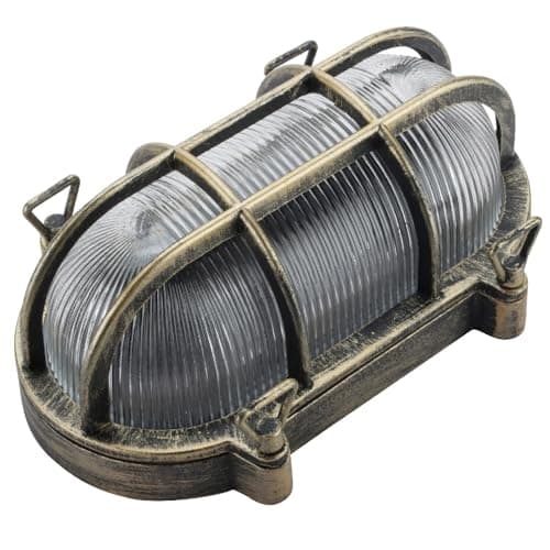 Image of Antique Brass & Ribbed Glass Outdoor Vintage Oval Flush Bulkhead Wall Light | 25cm Length | IP44 Rated | 1 x ES E27 Lamp Bulb Required | Bathroom Use | UK Approved | Low Profile Height Only 10.5cm