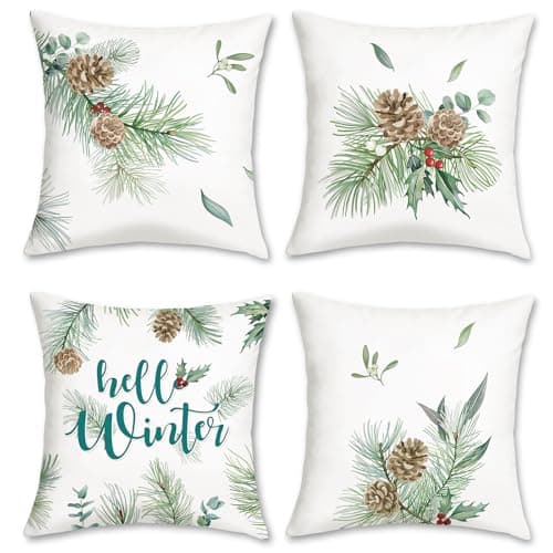 Image of Bonhause Hello Winter Cushion Covers 45 x 45 cm Pine Leaves Cones Green Plant Botanical Decorative Throw Pillow Covers for Sofa Couch Bed Home Holiday Decor Set of 4