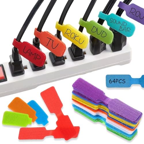 Image of 64 Pcs Multi-Color Reusable Cable Labels, Write On Waterproof Cable Tags, Hook and Loop Fastener, Self Adhesive Cabl Markers, Tags Stickers, for Cord Management and Identification