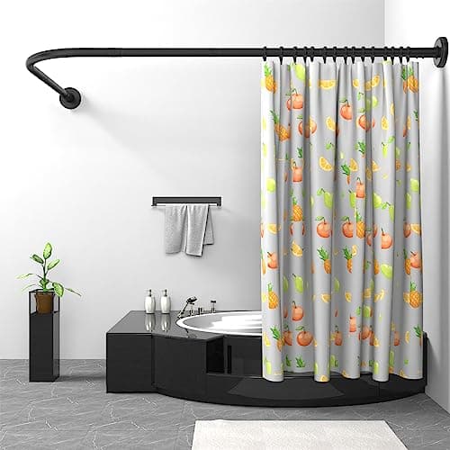 Image of Misounda Shower Curtain Rail Rod L Shape, Adjustable Shower Curtain Rail 122-190 cm, Stainless Steel Curved Shower Rail,Black Shower Pole with Stainless Rings for Bathroom Locker Room