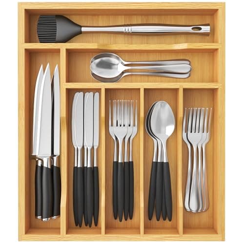Image of Lifewit Cutlery Drawer Organiser, 7 Compartment Bamboo Cutlery Tray Kitchen Utensil Tray, Flatware and Silverware Holder, Wood Adjustable Storage for Spoons Forks Knives