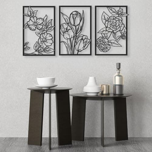 Image of QUMENEY 3 Pcs Black Metal Flower Wall Decor Wall Ornaments Floral Art Line Hanging Iron Wall Sculpture for Home Bedroom Office Kitchen Living Room
