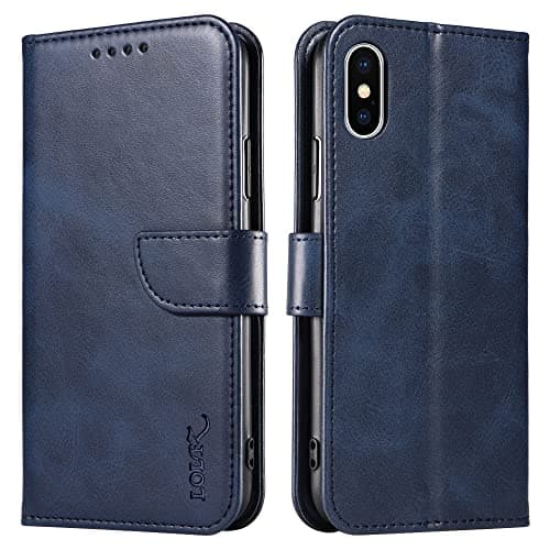 Image of LOLFZ Wallet Case for iPhone XS Max, Vintage Leather Book Case with Card Holder Kickstand Magnetic Closure Flip Case Cover for iPhone XS Max - Blue