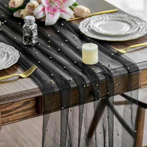 Image of Artoid Mode Pearl Black Gauze Table Runner 70x300 cm, Seasonal Sheer Cheesecloth Dining Holiday Birthday Table Decor for Home Party