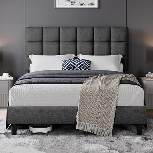 Image of Yaheetech 5ft King Bed Frame Upholstered Platform Bed with Adjustable Square Tufted Headboard/Linen Fabric/Sturdy Wooden Slat Support/No Box Spring Needed, Dark Grey King Bed
