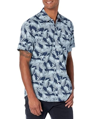 Image of Amazon Essentials Men's Regular-Fit Short-Sleeve Print Shirt, Navy Blue Sky Palm Leaf, S