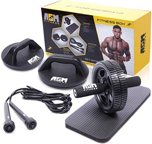 Image of ASM Fitness Box- Ab Wheel Roller with Thick Knee Pad Mat, Rotational Push Up Bar / Pushup Stand, Skipping Rope. Premium Home Gym Set