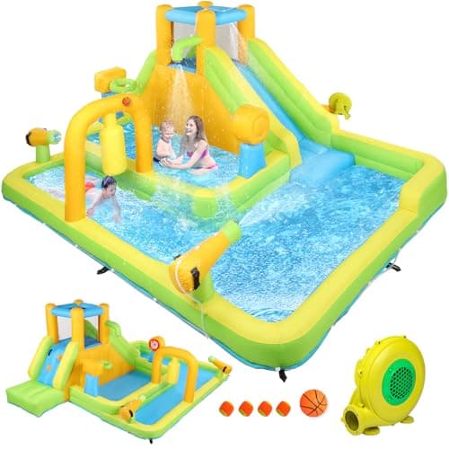 Image of Bonnlo 8-in-1 Bouncy Castle with Blower, Inflatable Water Slide with Deep Pool, Climbing Wall, Obstacle Course, Kids Bouncy Castle for Garden Backyard, 450x300x165cm, Ages 3-8 Years