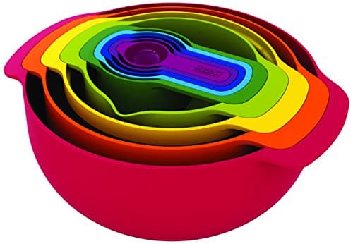 Image of Joseph Joseph Nest 9 Plus, 9 Piece Compact Food Preparation Set with Mixing Bowls, Measuring Cups, Sieve and Colander, Red