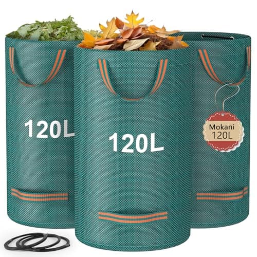 Image of Mokani Garden Waste Bags Heavy Duty with Handles, 120L x 3 Reusable Garden Sacks, Foldable Camping Recycling Bags for Leaf, Trash, Debris, Garden Rubbish Bags Waterproof