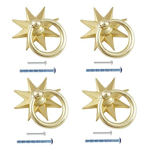 Image of Uenhoy 4 Pcs Octagonal Star Cabinet Knobs, Decorative Golden Star Knobs Pulls for Cabinet Drawer Wardrobe Cupboard Dresser, Creative Single Hole Knob Handles with Screws