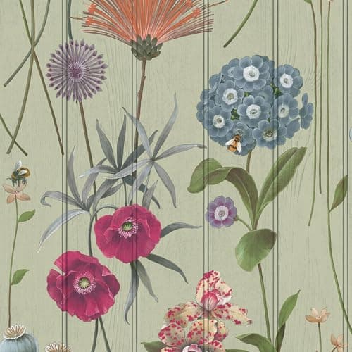 Image of Botanist Floral Flower Themed Wallpaper on Wood Panel Effect Background Perfect for Dining Rooms, Bedrooms, Cottage Style Sage Green Belgravia 4773