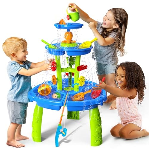Image of CozyBomB™ 3-Tiers Water Table for Toddlers, Outdoor Water Play Table with Magnetic Fishing Game, Splash Pond, Shower & Sand Sensory Activity, Plastic, Ages 3-8