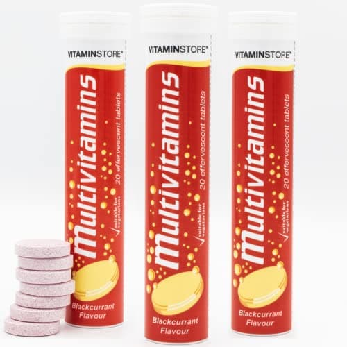 Image of Vitamin Store Effervescent Multivitamins - 3 Packs of 20 Blackcurrant Flavour Fizzy Dissolvable Tablets - Vitamins A, C, D, E, K, B1, B2, B6 B12, Folic Acid - 2 Month Supply (60 Effervescent Tablets)