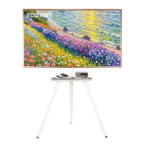 Image of ECOTINY TV Easel Tripod Stand for 43-65 Inch, Portable, Swivel & Height Adjustable Floor Stand with Wooden Tray, Supports Up to 35kg, Ideal for Bedroom, Living Room (WHITE)