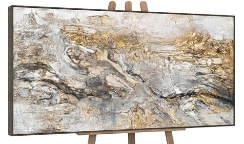 Image of YS-Art Framed painted acrylic painting on canvas Glow Modern textured artwork in beige color with gold Wall art for living room 56x28 inches