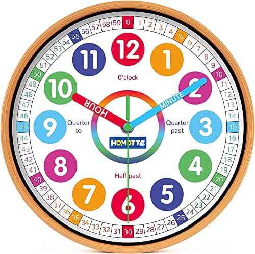 Image of Homotte Kids Wall Clock for Bedroom, 10 Inch Round Multi-Colored Learning Clock, Children's Silent Analog Non-Ticking Educational Wall Clock for Boys and Girls Classroom Home Decor