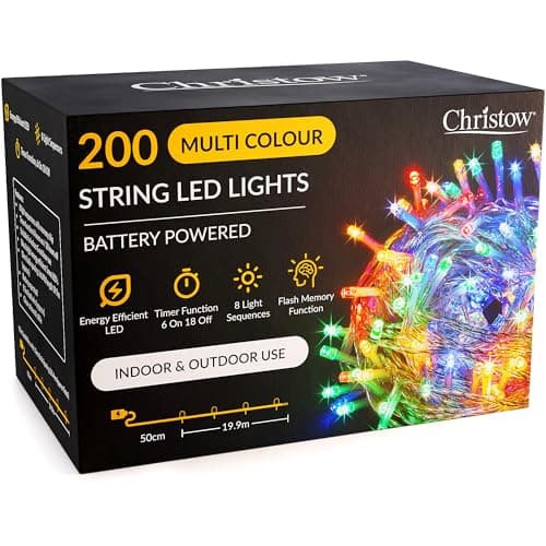 Image of CHRISTOW Christmas Fairy Lights Battery Operated, Multi-Coloured LED String Lighting with Timer, Indoor & Outdoor, 8 Light Modes Flashing & Static Glow, Clear Cable (200 LED / 20m Lit Length)