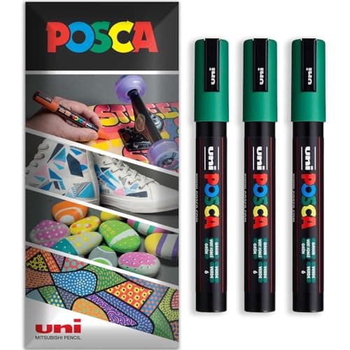 Image of Posca Water Based Acrylic Paint Marker Pens | Multi Surface Use Permanent Paint Pen | Pack of 3 Pens in Envelope Gift Packaging | Glass, Fabric, Canvas, Wood etc | PC-5M, Green