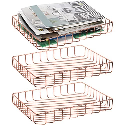 Image of Okllen 3 Pack Wire File Tray, Rose Gold Paper Tray Desk Letter Tray, Large Documents Tray Magazine Files Storage Basket Organizer Bin for Office, Pantry Home, School, 32 x 24.5 x 4.8 CM