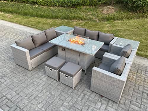 Image of FMSGarden Light Grey Rattan Fire Pit Garden Furniture Set Gas Heater Burner Lounge Sofa Dining Set 2 Coffee Table Chairs Stools