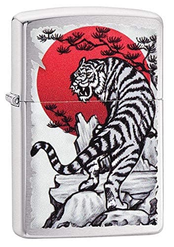 Image of Zippo Windproof Lighter - Japan Tiger - Brushed Chrome, Colour Image - Refillable, Lifetime Use - Adjustable Flame - Gift Box - Metal Construction - Made in USA