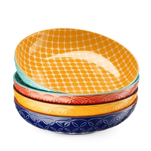 Image of DOWAN Pasta Bowl Set of 4, Large Salad Bowls, Ø 21.5 cm Porcelain Serving Plates, Wide and Shallow Ceramic Bowl for Kitchen, Pasta, Salad, Fruit, Noodle, Dinner, Microwave & Oven Safe, Vibrant Color