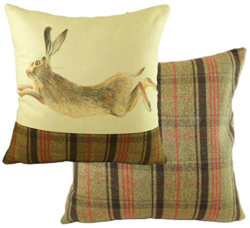 Image of Hand Painted Animals 'Leaping Hare' Red, Brown tartan Cushion Cover only (43cm x 43cm)