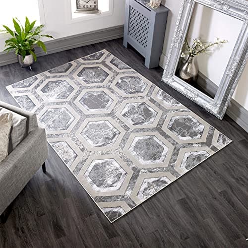 Image of Lord of Rugs Modern Abstract Shiny Rug Silky Shimmer Soft High-Shine Carpet for Living Room, Bedroom Luxury Geometric and Marbled Patterns Rug Crystal AU12 Grey/Silver, Small 80 x 150 cm (2'6"x5'0")