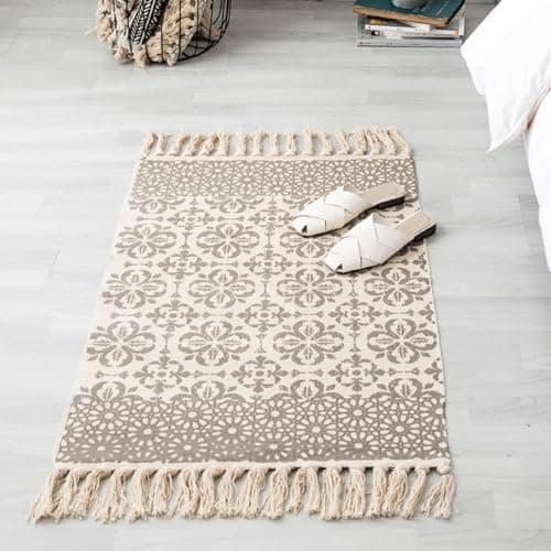 Image of The Seeker Beige Washable Rug, Small Area Rugs for Living Room Low Pile, Hand Woven Cotton Mat with Tassels for Bedside Kitchen Office Indoor Room 60x90cm